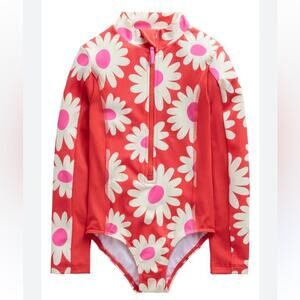 Mini Boden Brand Cayenne Red Floral Long Sleeved Girl’s Size 7-8 Swimsuit